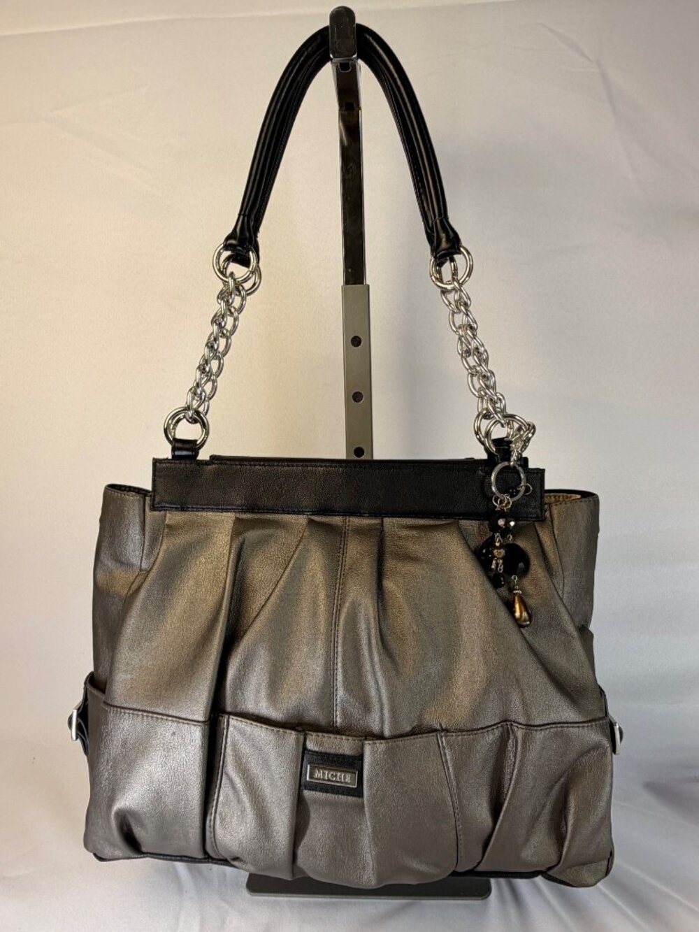 Miche Prima Oakley Shoulder Tote Bag Pleated Metallic Soft Leather Chain Strap